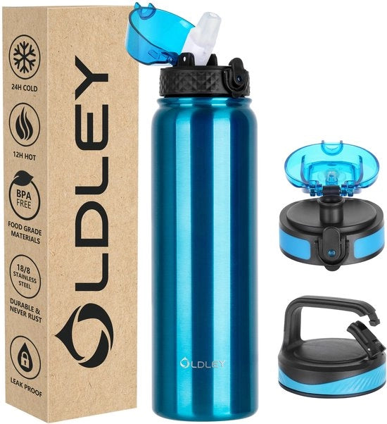 Fiasca RVS con stoppino, 1L con 3 coperchi, grande termos con isolamento, 1 litro, impermeabile, mantiene caldo e freddo per attività sportive, palestra, campeggio, bicicletta (blu, 3 coperchi)