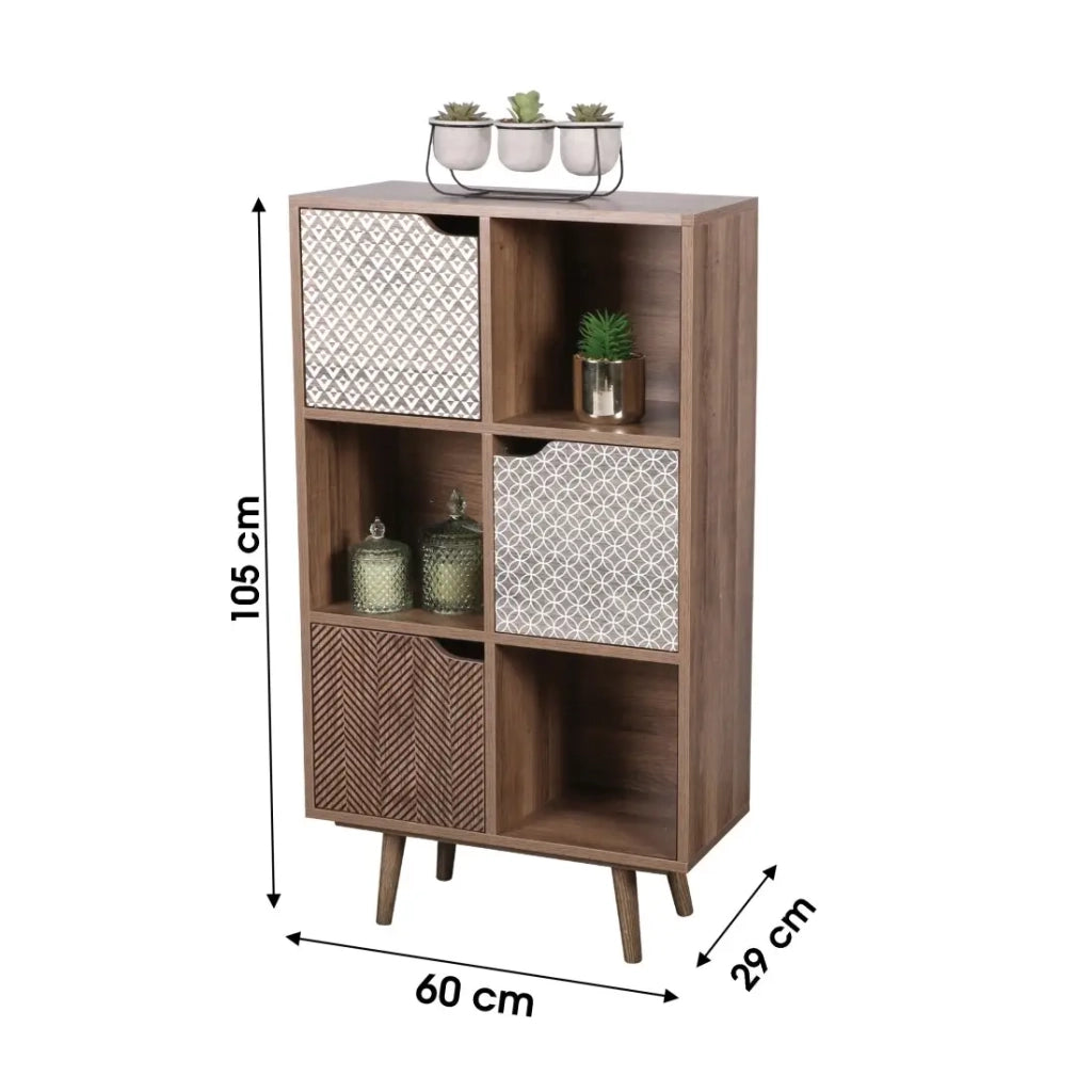 Piccola libreria da ufficio con 6 scomparti e 3 porte decorate - Dimensioni 60x29x105 cm