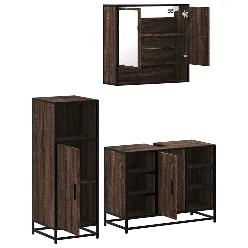 Set Mobili da Bagno 3 pz Rovere Marrone in Legno Multistrato