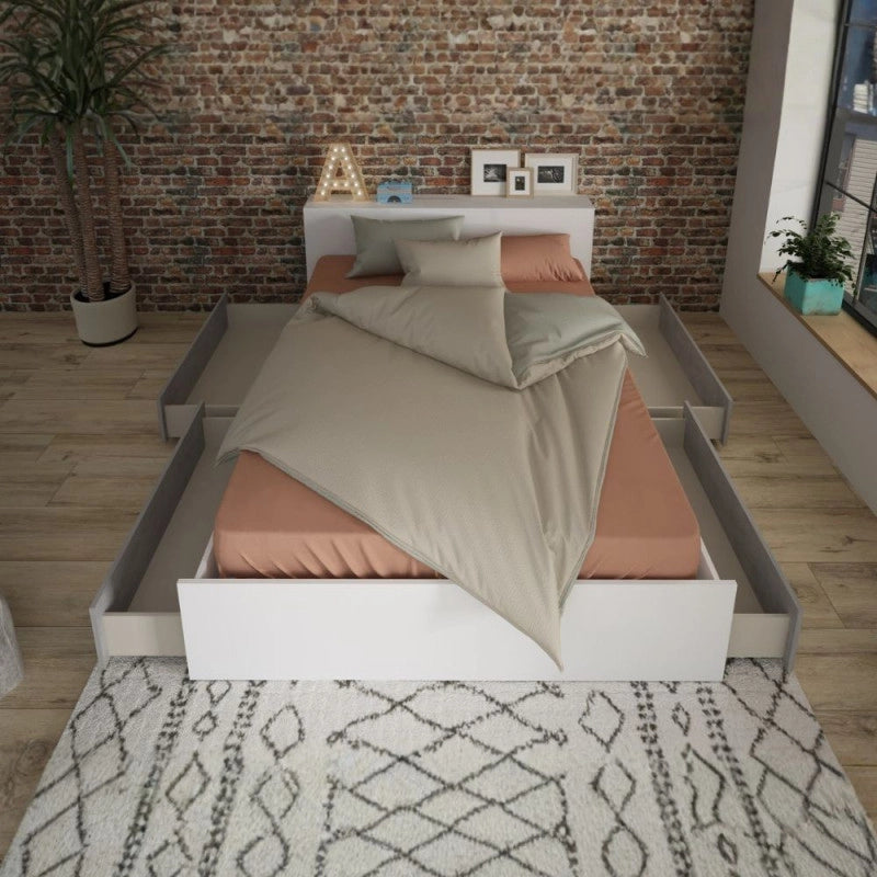 Letto contenitore 1566 alla francese con 4 cassettoni e comodini estraibili colore bianco e cemento