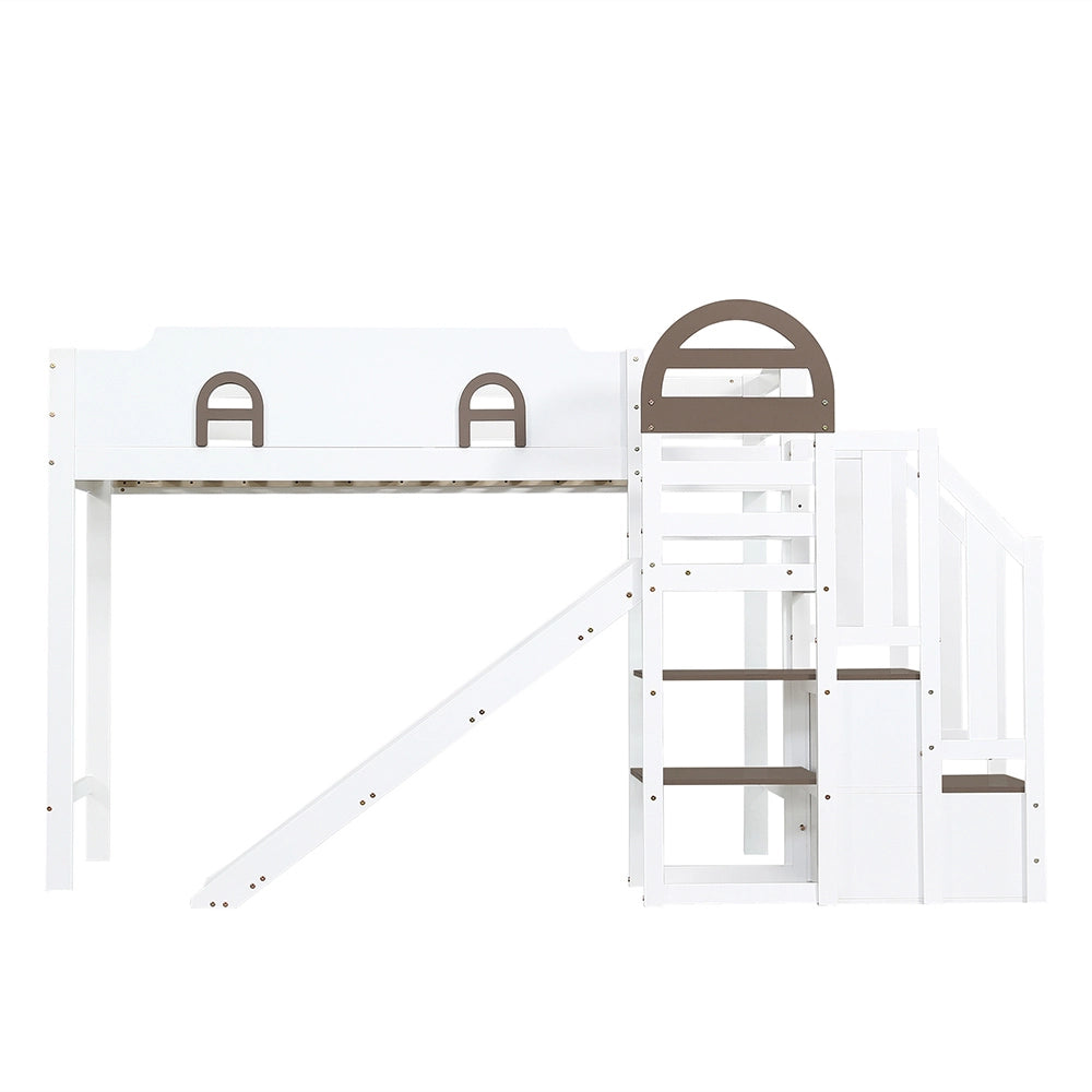 Letto a castello con scivolo e finestra - Xylo - 90x200cm bianco/marrone, 2 ripiani