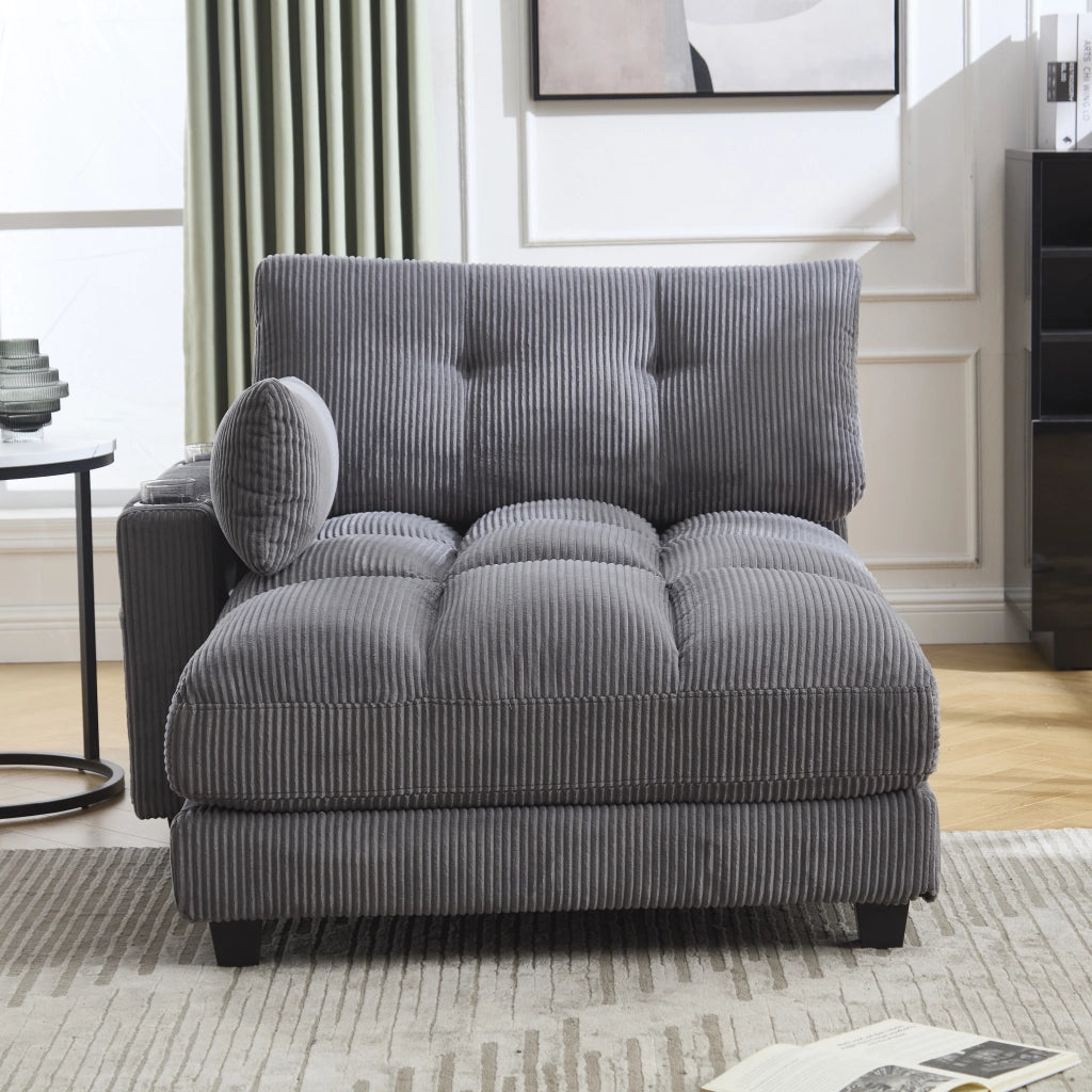 Poltrona Relax con Portabicchieri; Tasca Laterale e Porta USB; in Velluto a Coste; Grigio; 140 × 112 × 81 cm