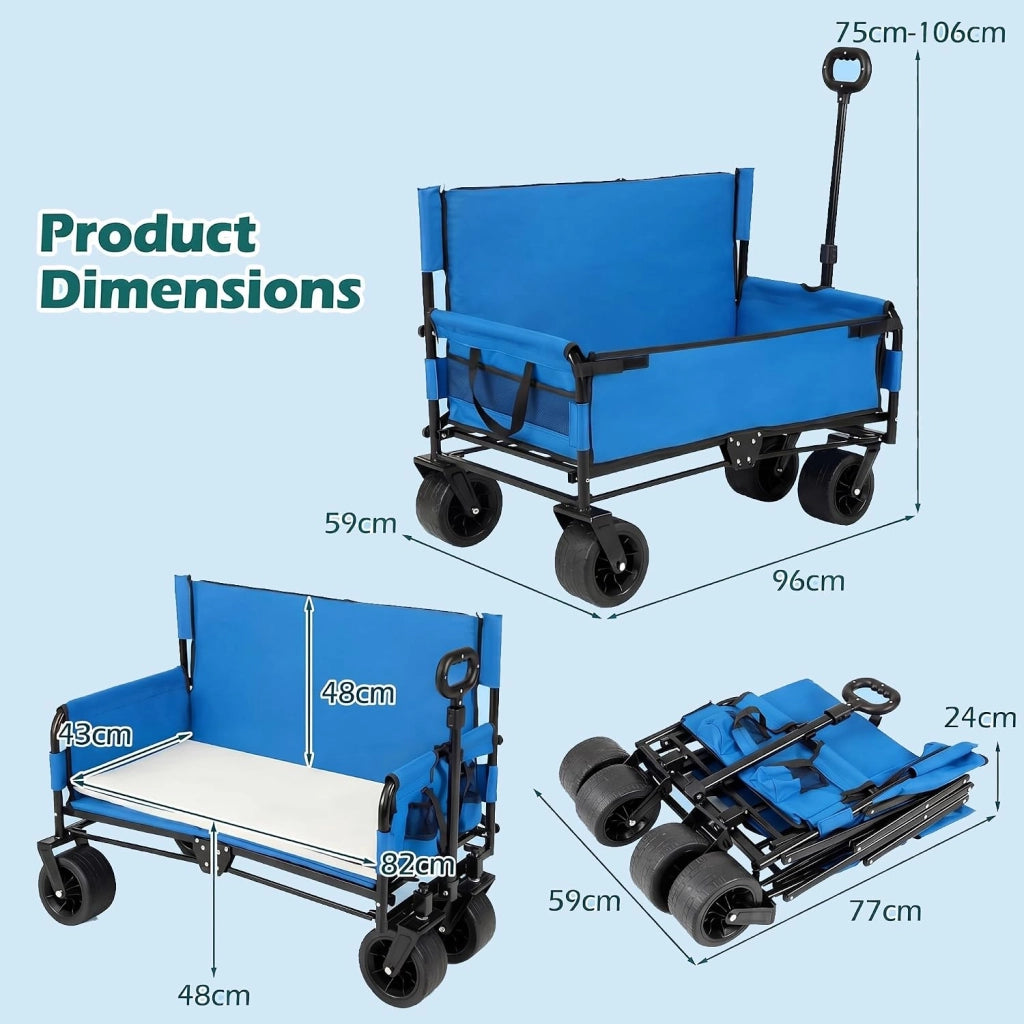 2 in 1 Carrello Spiaggia con Seduta, Carretto Pieghevole con Ruote Grandi e Cuscini Morbidi, Carrello da Campeggio, Giardino e Pesca, in Acciao Resistente, Chiusura Rapida, 80 KG, 85L (Blu)