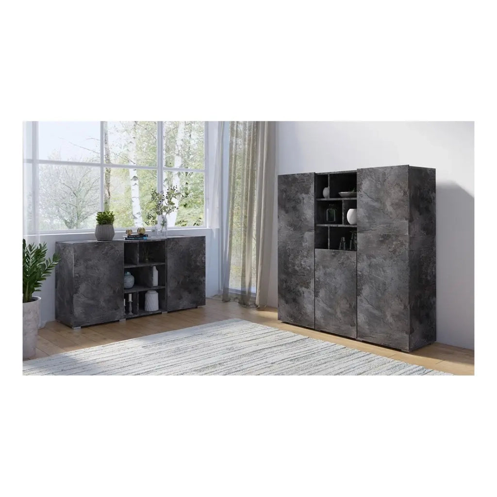 Buffet NARVA 130 cm effetto ardesia - 2 porte e 6 nicchie - 132.4 x 68.1 x 39.5 cm