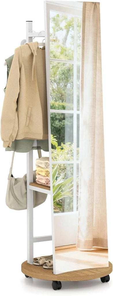Specchio a figura intera, specchio da terra con appendiabiti, 45 x 135 cm, grande specchio con vetro infrangibile, ganci, ripiani, ruote, per ingresso, soggiorno, camera da letto (nero+noce)