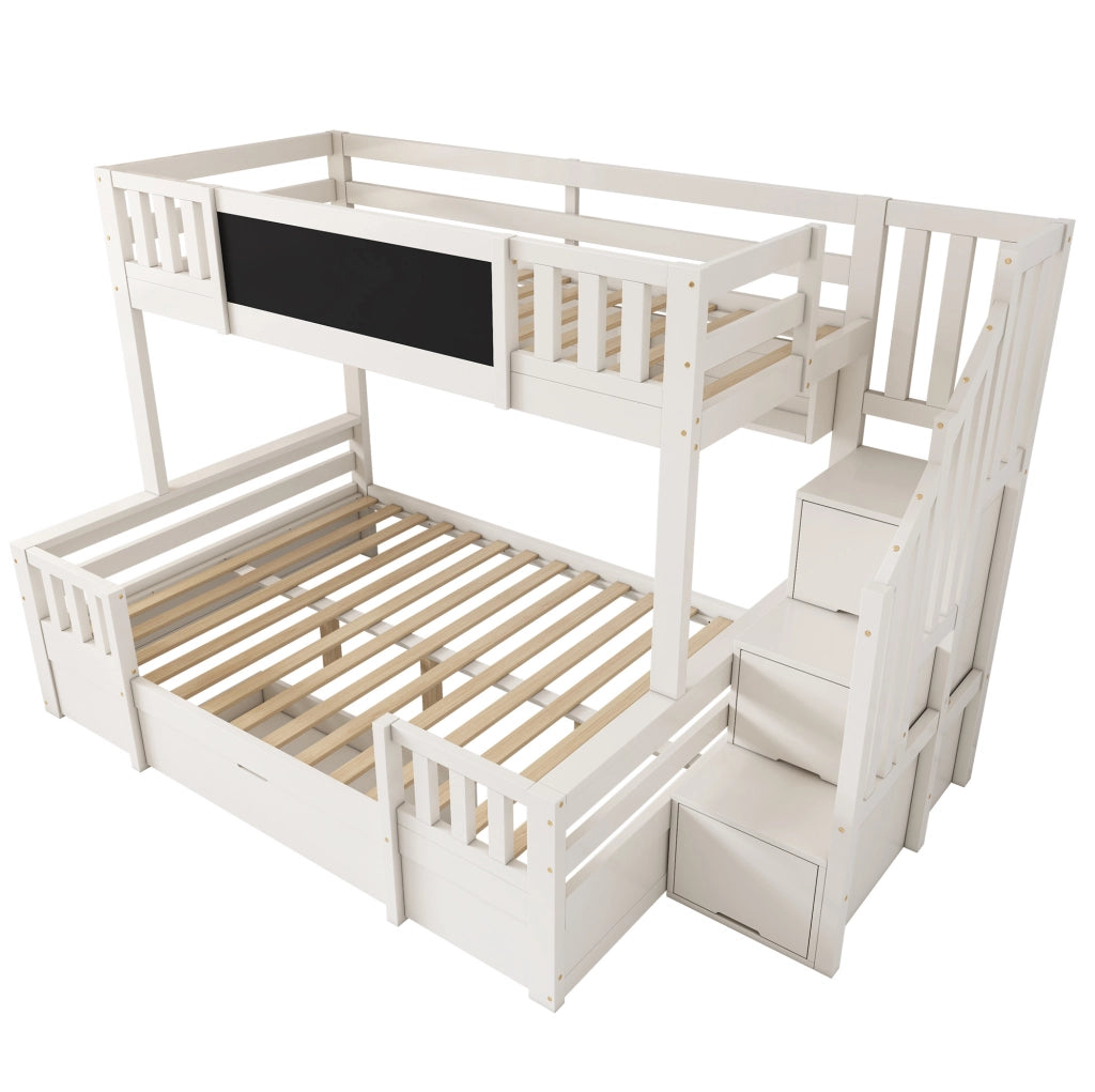 Letto a castello con lavagna; armadio-scala e cassetti; per materassi 90/140 x 200 cm; legno e metallo; bianco
