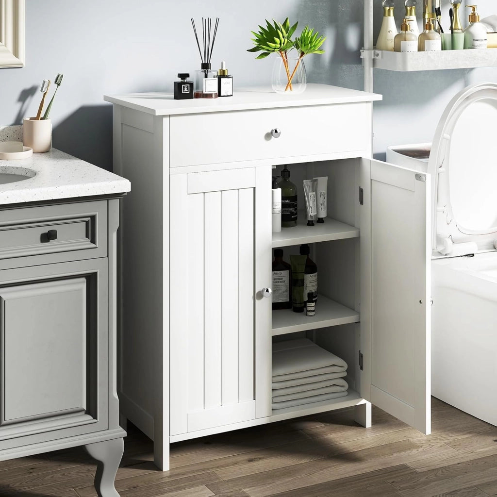 Armadietto bagno autoportante con 2 ante, 1 cassetto e 3 ripiani regolabili, mobiletto base per soggiorno, ingresso, cucina, 60 x 30 x 80 cm (bianco)