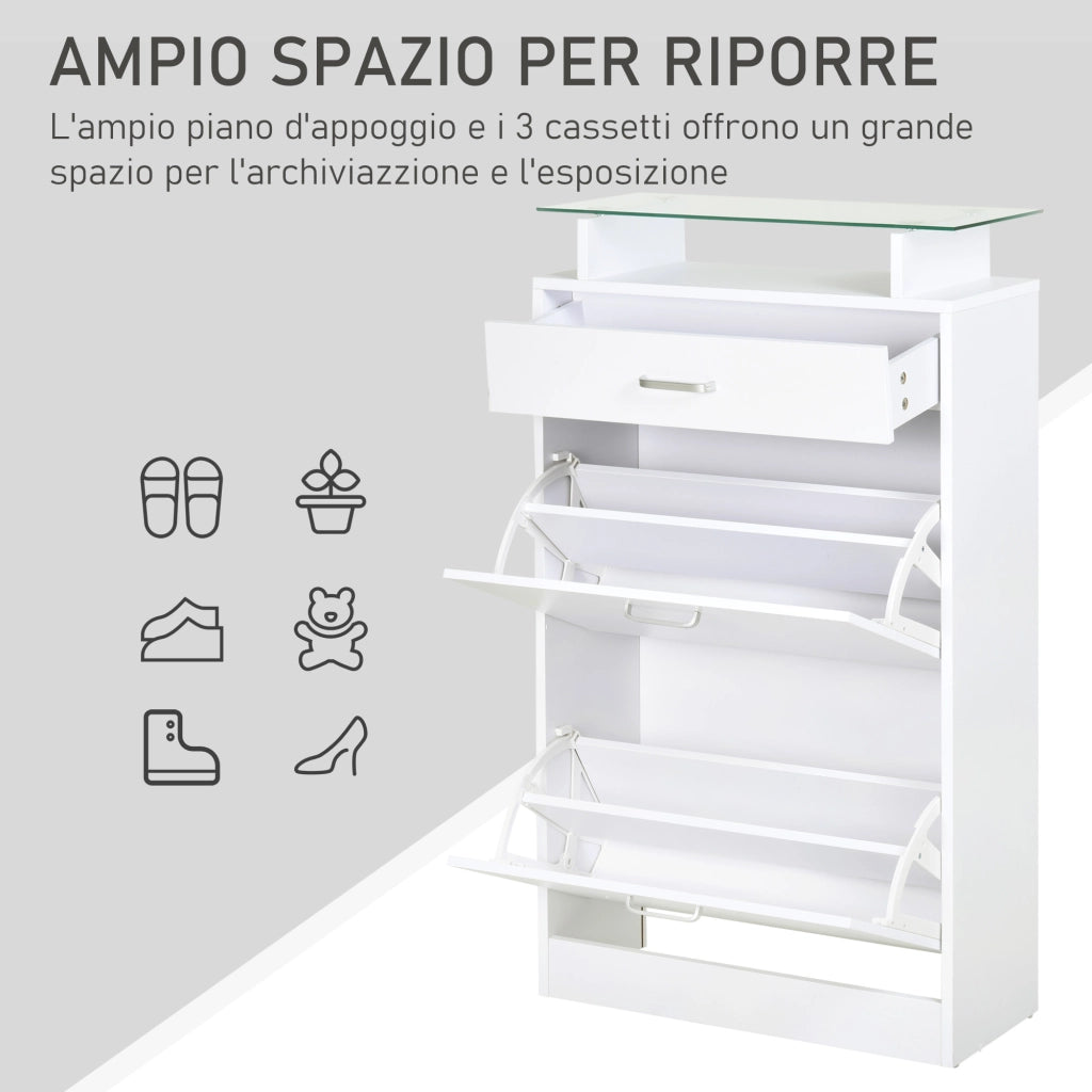 Armadio Scarpiera con 2 Ante, Cassetto e Ripiano in Vetro ¨C Zephmum ¨C Bianco 60x24x105.5 cm