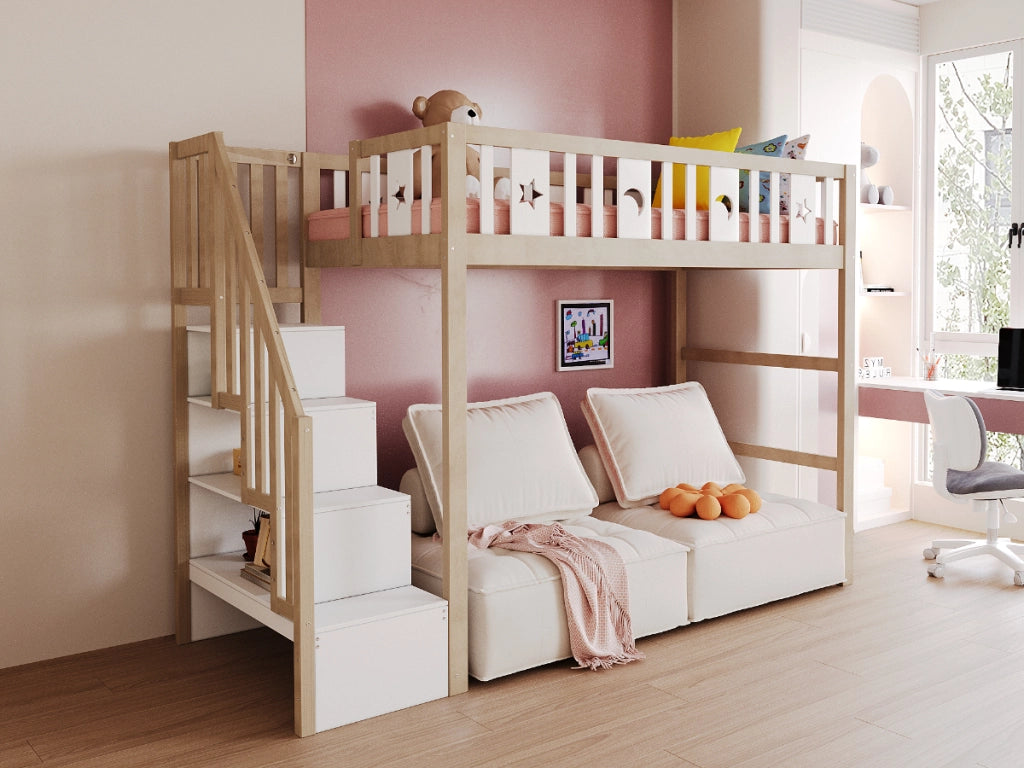 Letto a castello in legno massello bianco e naturale con scala spazio di stoccaggio 90x200cm
