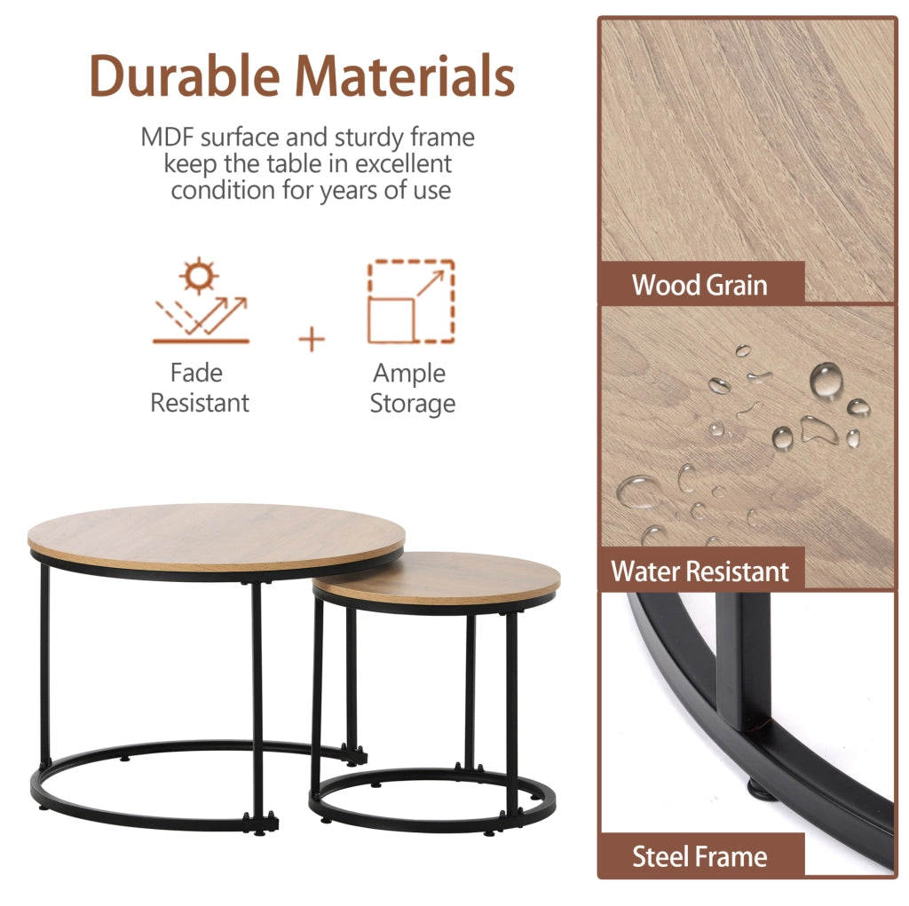 Set 2 tavolini da salotto rotondi impilabili in MDF effetto rovere con struttura in metallo