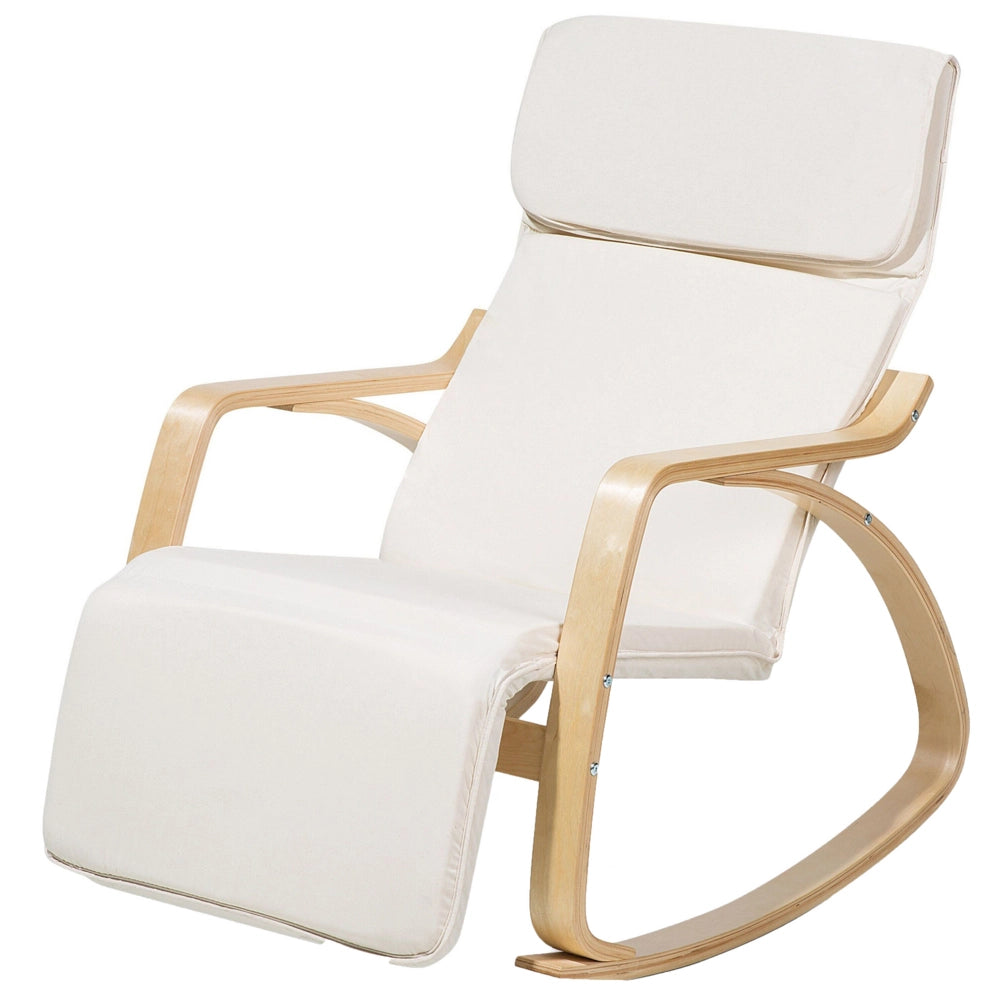 Sedia a dondolo in tessuto beige chiaro e legno di betulla con poggiapiedi regolabile