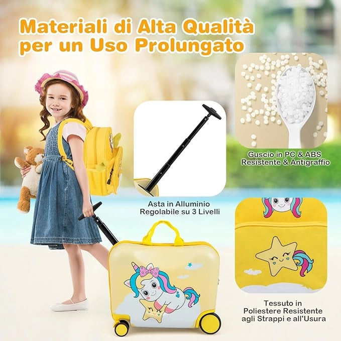 Valigia Cavalcabile per Bambini, 18" Valigia+ 12" Zaino,2 Pezzi, Trolley Bambini Bagaglio a Mano con Ruote Girevoli e Maniglia Retrattile, 2 Cingie Multiuso (Modello 3)