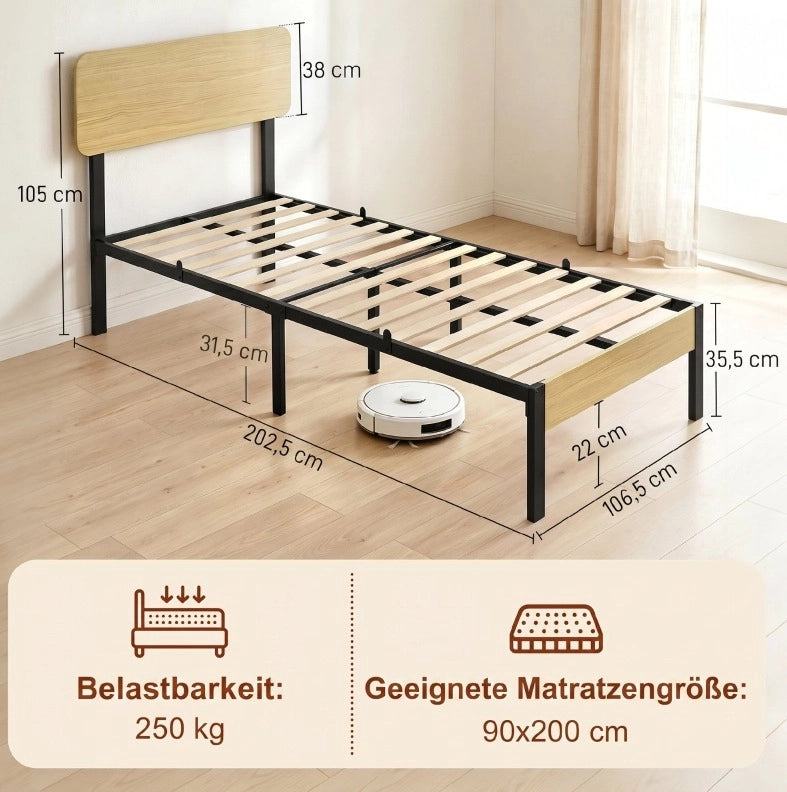 Letto singolo in metallo con testiera e spazio sottoletto