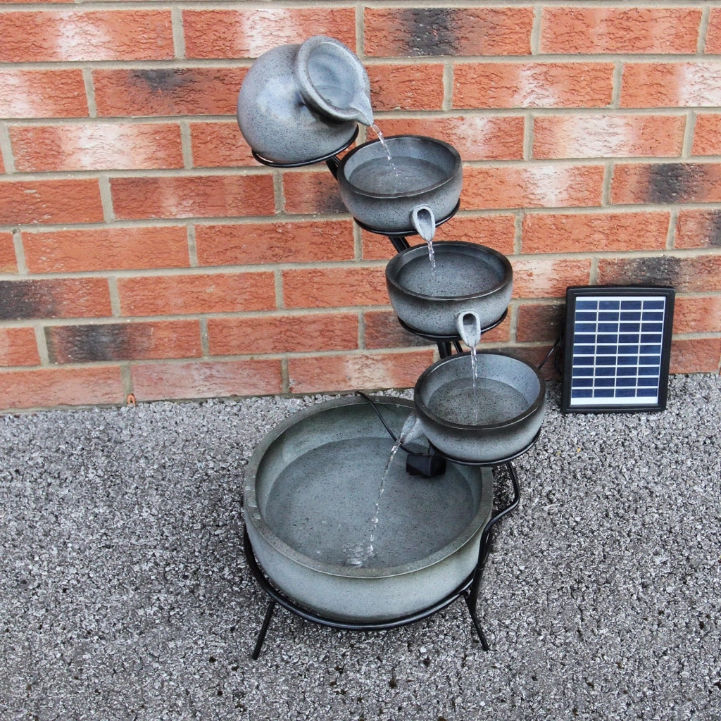 Fontana Solare a Cascata da Giardino con Batteria di Supporto da 6 Ore Fontanella con Pannello Solare e Picchetto Fontanella a Vasi Fontana con Ciotole - Grigio