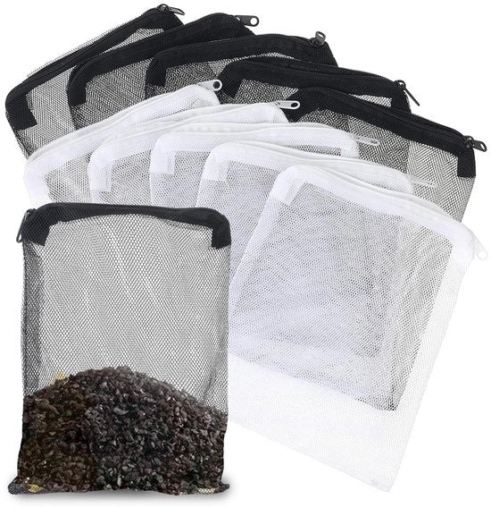 Set di sacchi filtro per acquario 10 pezzi - Sacchi filtro riciclabili - Reticolo fine - Poliestere - Nero/Bianco - 20x15 cm - Sacchetto filtro