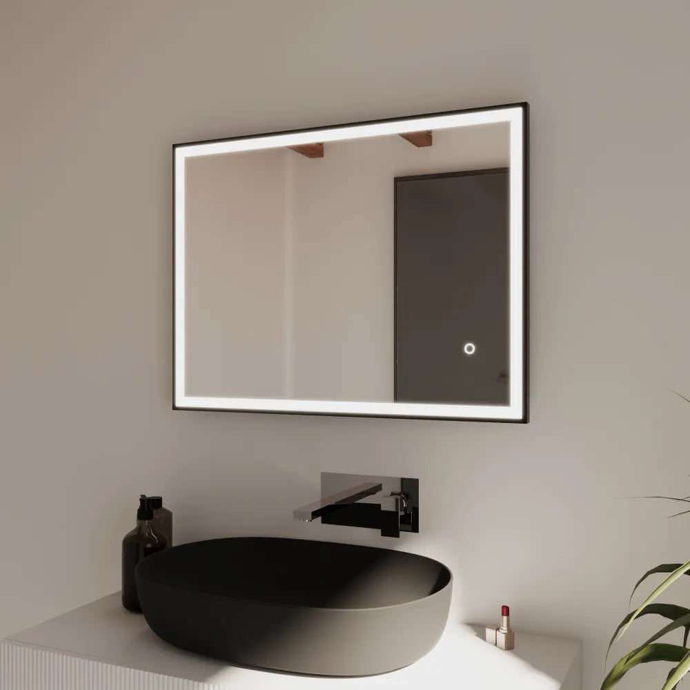 Specchio led 70x100cm con cornice nero opaco luce calda, neutra, fredda antiappannamento e reversibile | Sargas