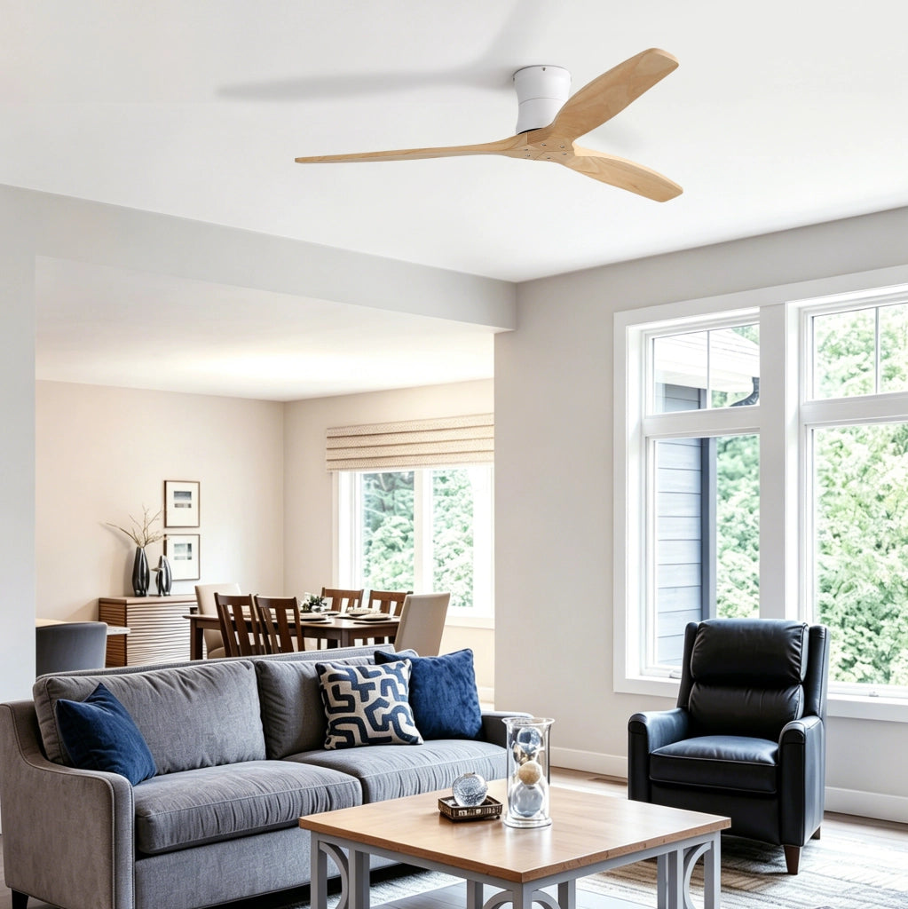 Ventilatore da soffitto bianco con motore DC silenzioso; telecomando e timer
