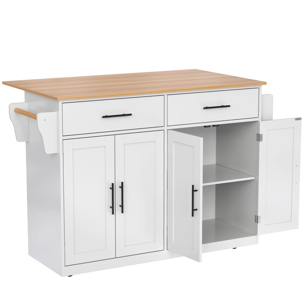 Isola da Cucina Mobile 120x46/70x91 cm Bianca con Piano Ribaltabile; 2 Cassetti; Ruote e Gambe in Legno