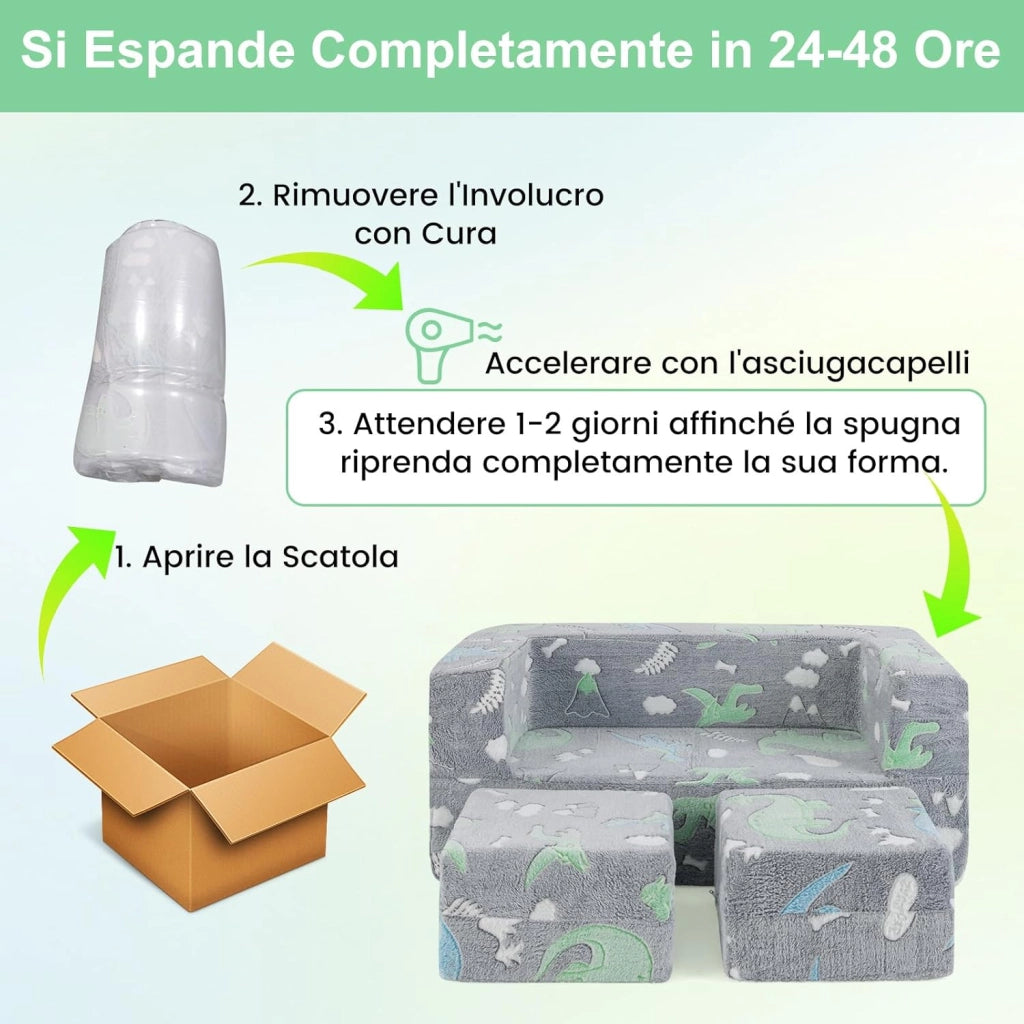 Divano Pieghevole 3 in 1 per Bambini Brilla al Buio, Poltrona Bambini con Rivestimento in Flanella Rimovibile e Lavabile, Pouf per Cameretta (Dinosauro Grigio)