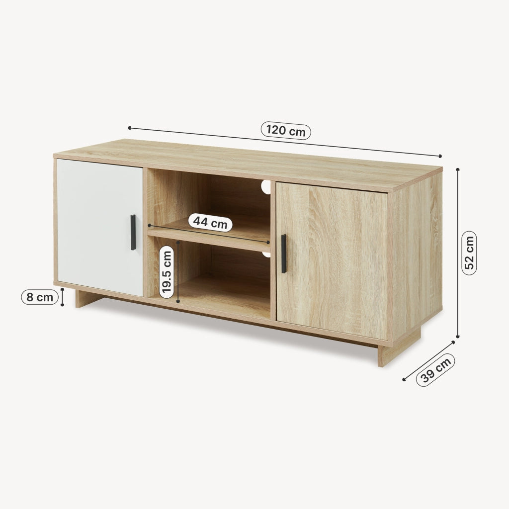 Mobile Porta TV Kenta a 2 Ante e Scomparti Aperti 120x39x52 cm Effetto Rovere Sonoma/Bianco [en.casa]
