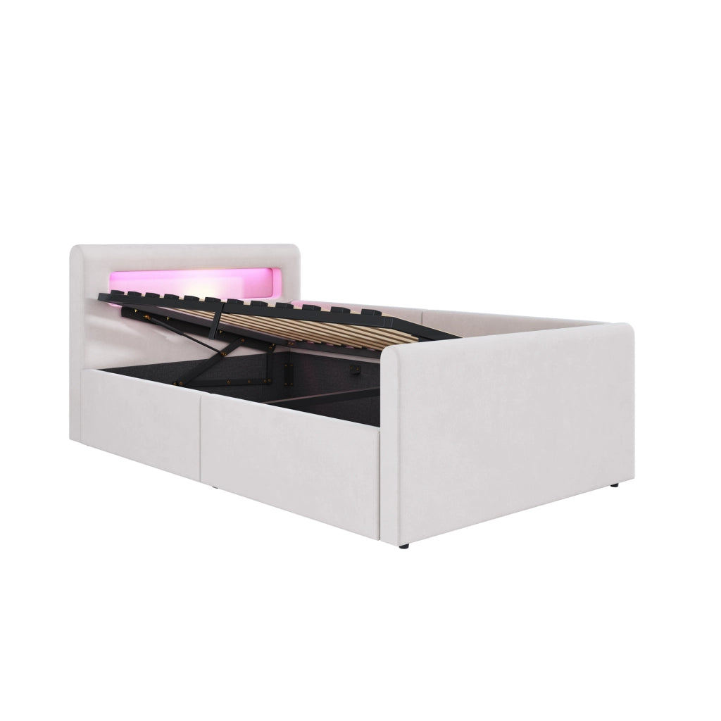 Letto imbottito singolo 90×200 cm con LED; luce notturna; USB e contenitore idraulico; senza materasso; beige