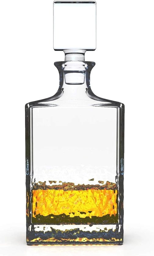 Karaf in vetro con stoppa a geometria a tenuta d'aria - Karaf per whisky, vino, bourbon, cognac, digestivo, succo, acqua, acqua da bere, vetro inerte (700 ml con ghiaccio spezzato)