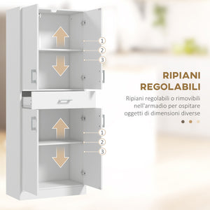 Credenza Cucina Alta con 2 Armadietti e un Cassetto Centrale 70,8x34x180 cm in MDF Bianco