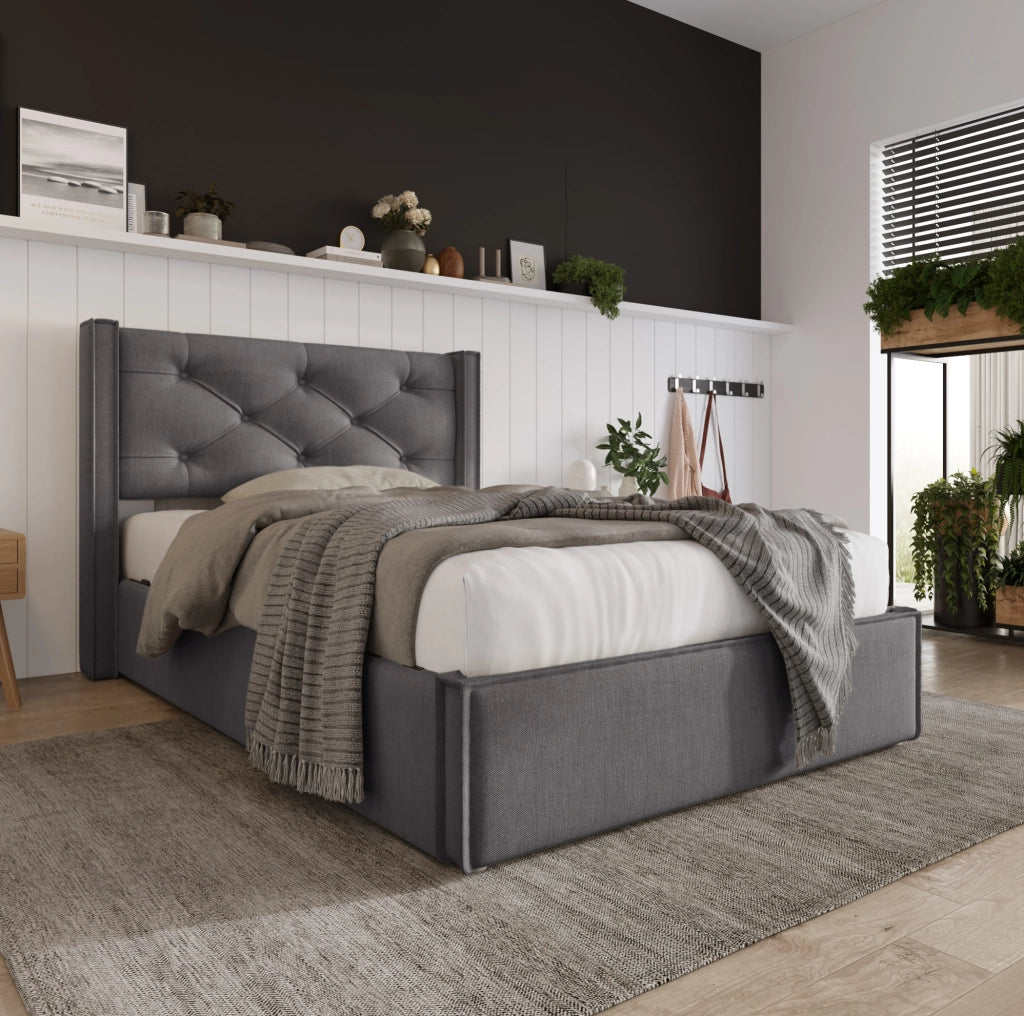 Letto singolo imbottito 90x200 cm con contenitore e rete a doghe; grigio in cotone