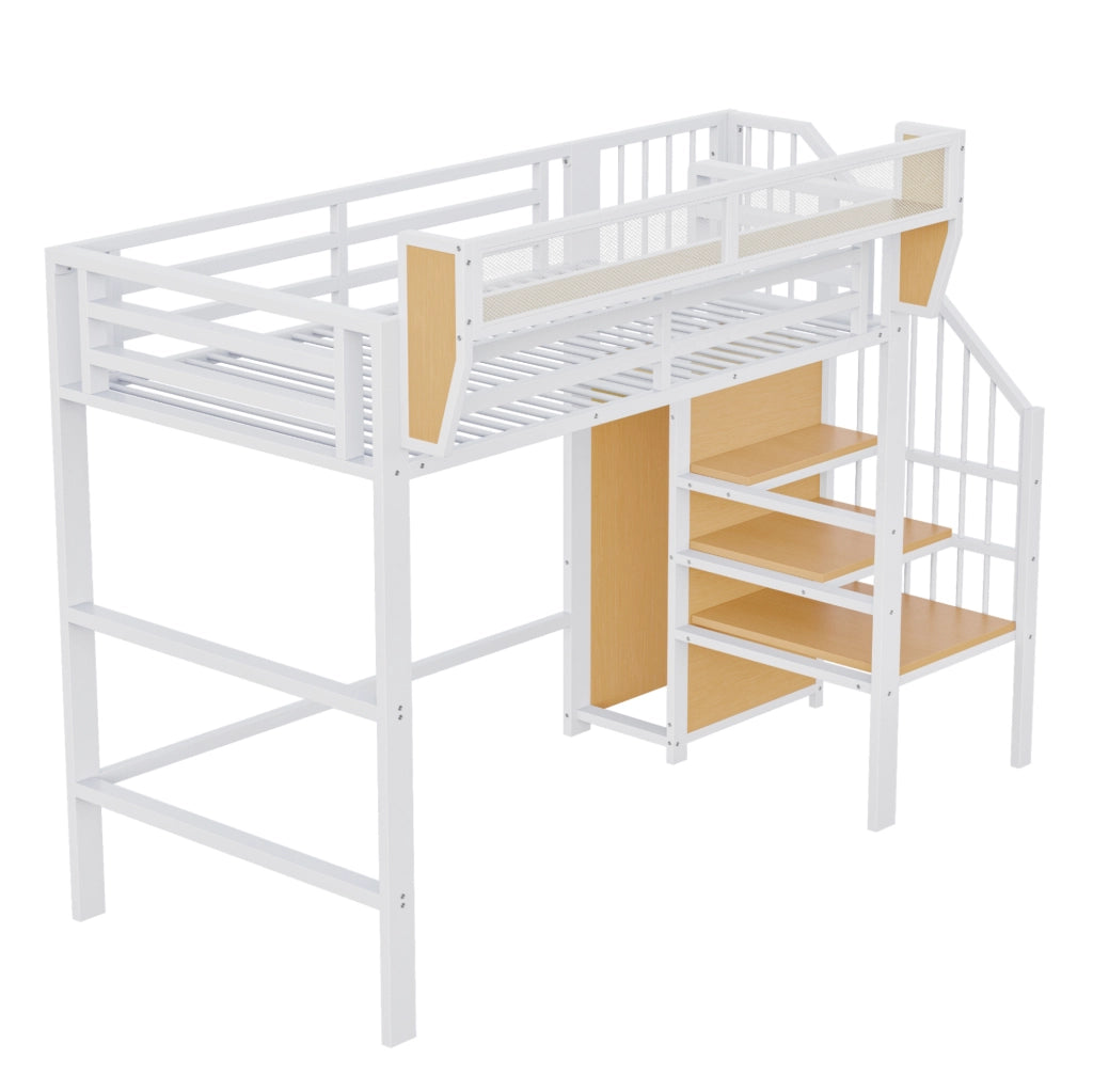 Letto a soppalco 90x200 in metallo bianco con scala di sicurezza e ripiano