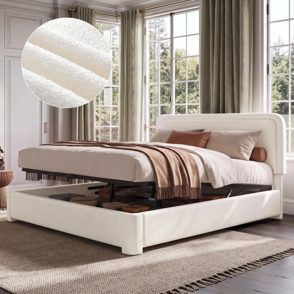 Letto matrimoniale imbottito 160x200 cm con rete a doghe, contenitore idraulico, testiera regolabile e rivestimento Bouclé bianco