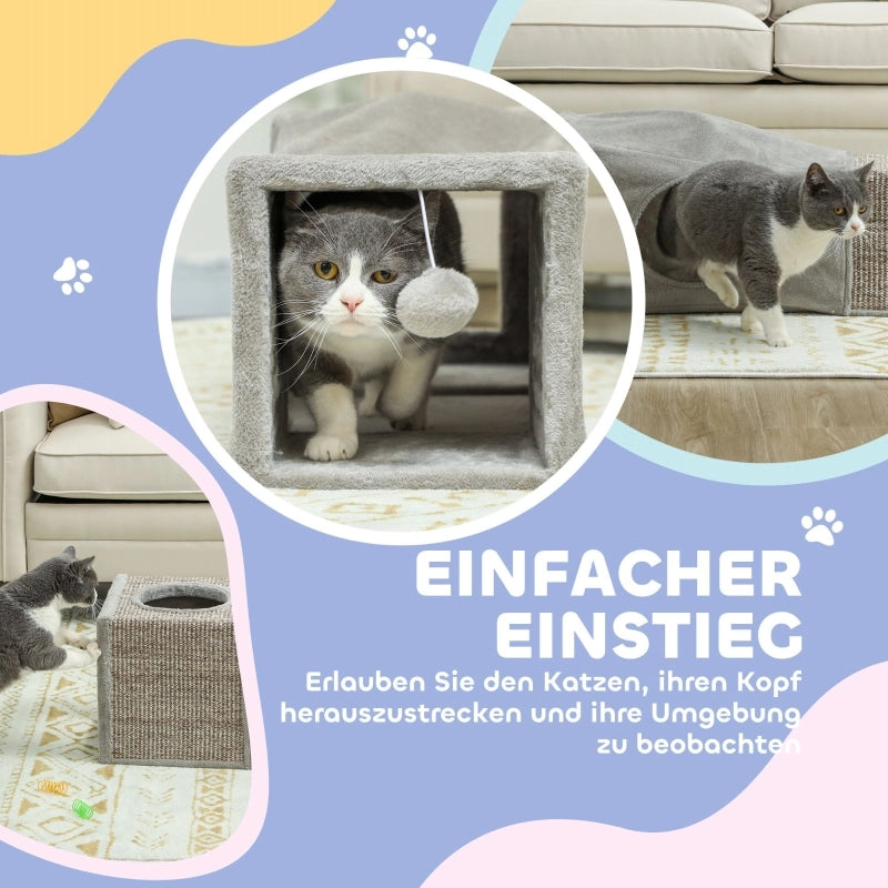 Tiragraffi per gatti con tunnel e due cucce interne in peluche, design combinato in poliestere marrone 98 × 30 × 30 cm
