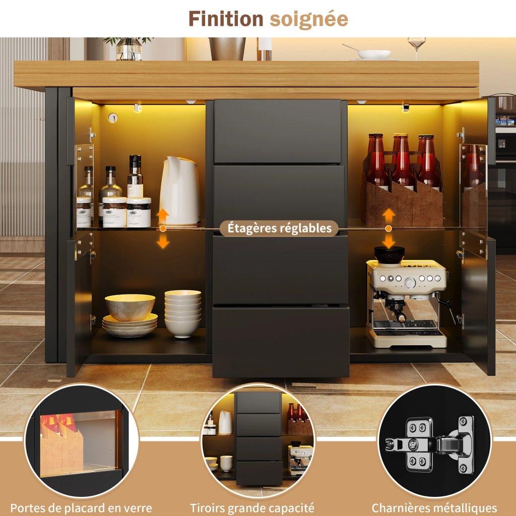 Dispensa da cucina con 4 cassetti; ante in vetro e LED RGB; piano girevole 360°; per cucina; nero; 120 × 40 × 73.8 cm