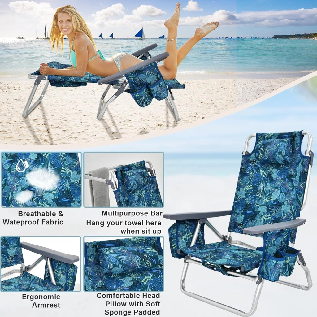 Set di 2 Lettini Prendisole Pieghevoli e Tavolino, Lettini da Spiaggia con Poggiatesta e Schienale Regolabile, Sedie Sdraio Portatile con Borse Laterali per Giardino, Piscina (Blu Marino)