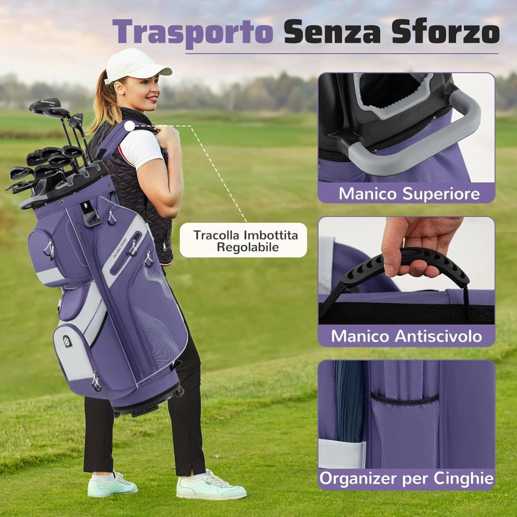 Borsa Carrello da Golf, Sacca da Golf con Serratura e Divisori a 14 Vie, 11 Tasche, Sacca Isolante, Tracolla Imbottita, Maniglie, Porta Ombrello e Cappuccio Antipioggia