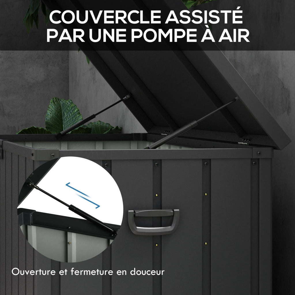 Coffre da giardino in metallo 450L con cerniere a gas e ruote ¨C zephmum ¨C 125,5x61,5x70 cm