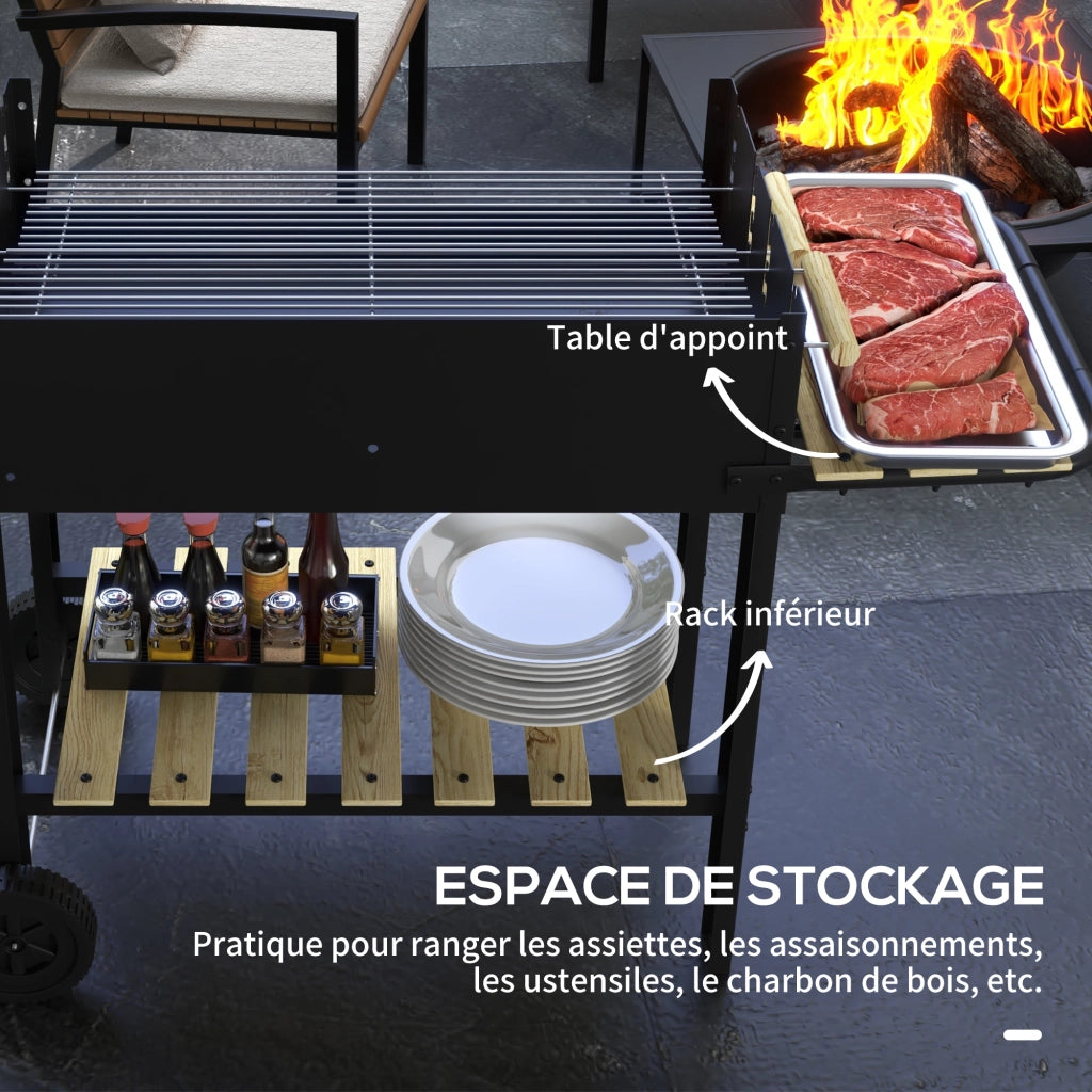 Barbecue a Carbone con Griglia Doppia Regolabile ¨C Xylo ¨C 2 Ruote 2 Ripiani 113x53,5x82,5cm Nero