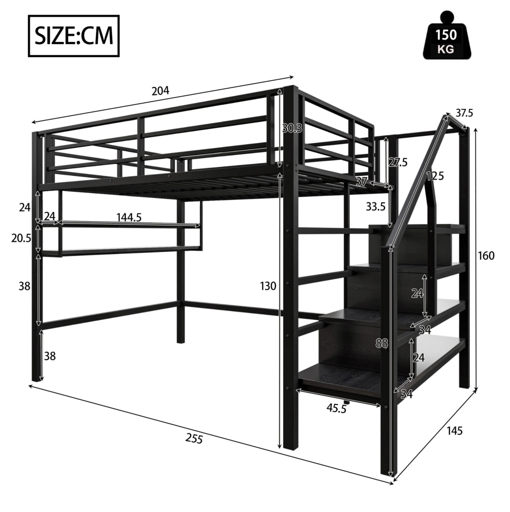 Letto a soppalco 140x200 cm con ripiani, scala contenitore e ringhiera di sicurezza