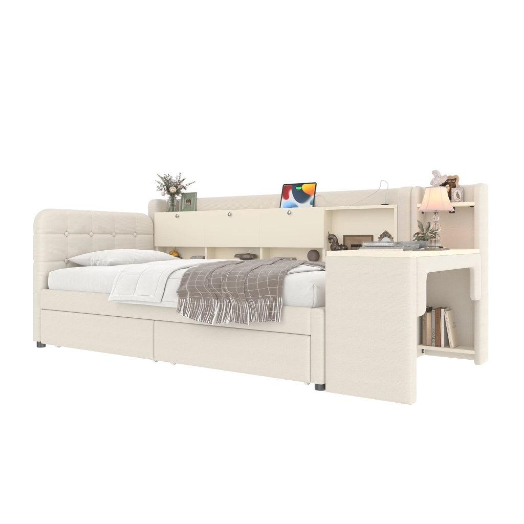 Letto singolo 90×200 cm con 2 cassetti; scrivania; USB; Type-C e contenitore a ribalta; senza materasso; lino beige