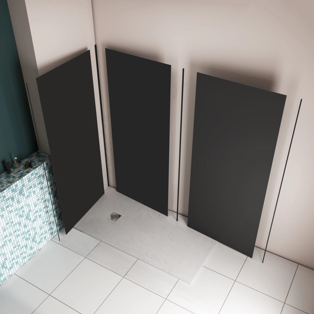 H.210 cm Pannello Doccia ad Angolo 80x90x90 cm Realizzato in Alluminio da 3 mm con Profili Finitura Nero Opaco per Rivestimento Parete Bagno