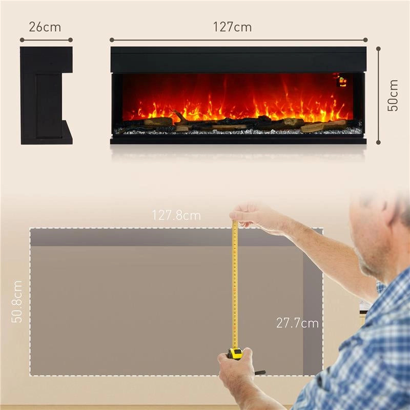 CAMINO ELETTRICO DA INCASSO E PARETE 1800W CON FIAMME COLORATE LED REGOLABILI TEMPERATURA FINO 40C NERO