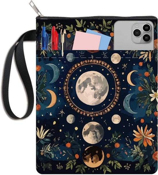 Copertina per paperback con design luna e disegno di fiori, chiusura con cerniera e tasca laterale.