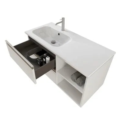 Mobile bagno sospeso 100 cm bianco opaco con cassetti e vani a giorno completo di lavabo a sinistra e specchio Master
