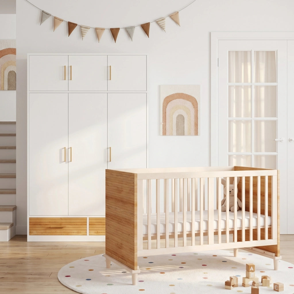 Set cameretta bebè con armadio 3 ante e lettino a sbarre, naturale, 120x50x180 cm + 70x140x87 cm