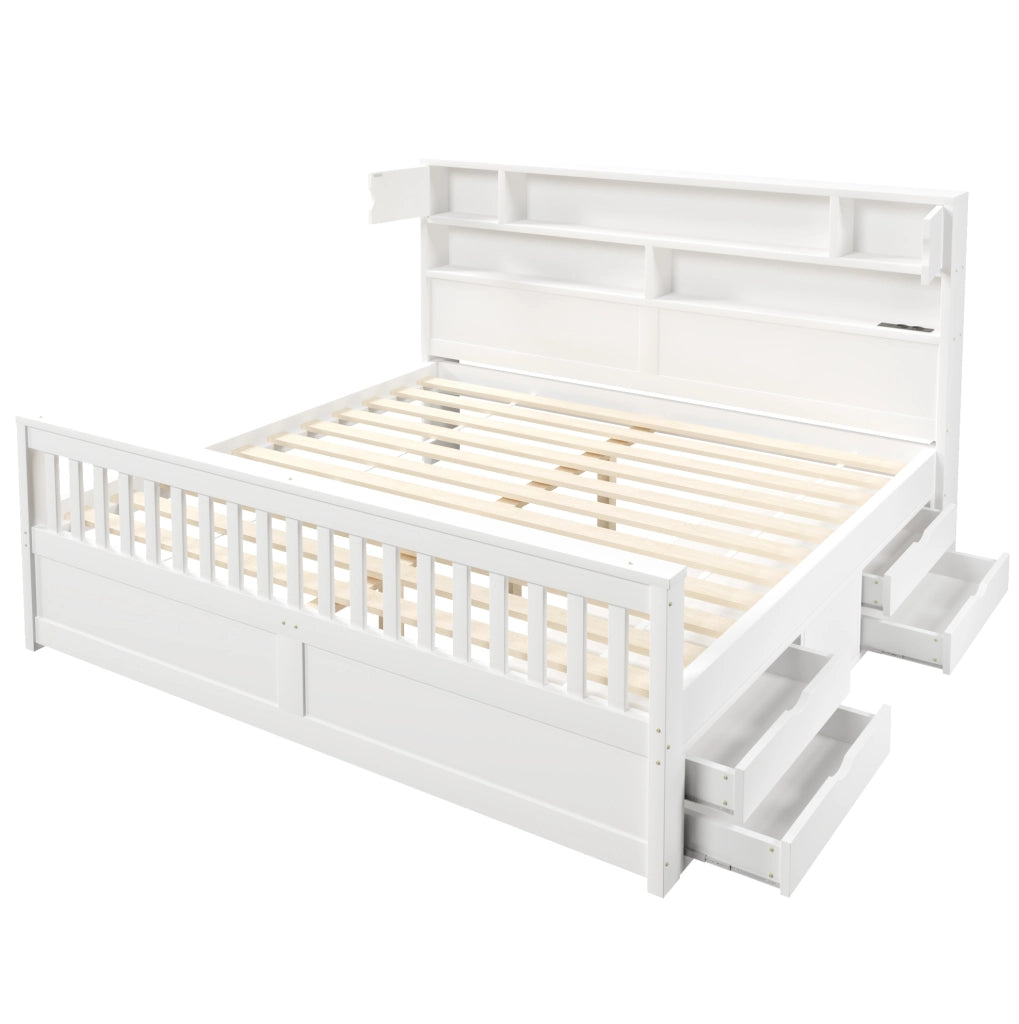 Letto matrimoniale 180x200 cm con testiera a libreria; LED e 4 cassetti in MDF e compensato; bianco