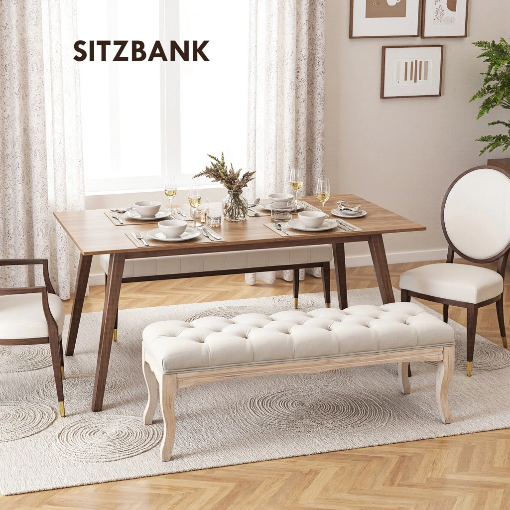 Panca imbottita con rivestimento in lino ¨C Xylo ¨C Struttura in legno, beige 110x40x48 cm