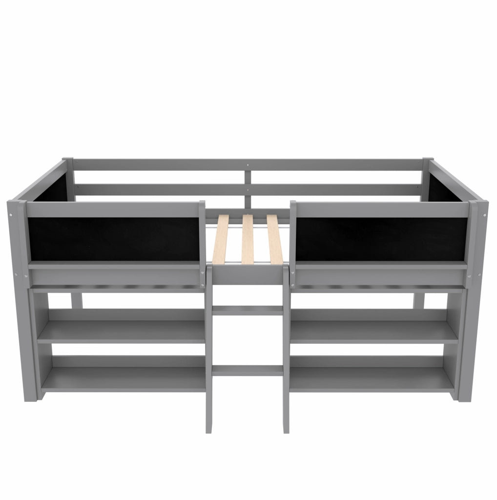 Letto semipiano 90x200 cm con scomparti portaoggetti; sponda di sicurezza e lavagna; in legno di pino e MDF; grigio