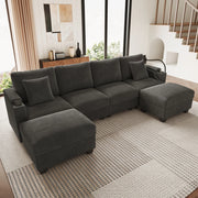 Divano modulare angolare in corduroy grigio con USB; portabicchieri e contenitore; 275;5 cm