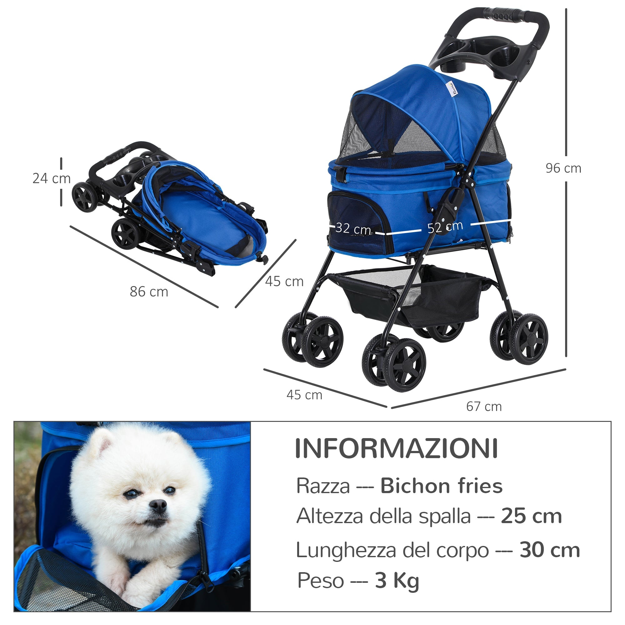 Passeggino per Cani 67x45x96 cm in Acciaio e Tessuto Oxford Blu