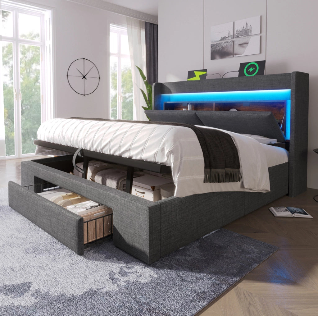 Letto imbottito 140x200 cm grigio con LED, ricarica USB/USB-C, contenitore e materasso H3