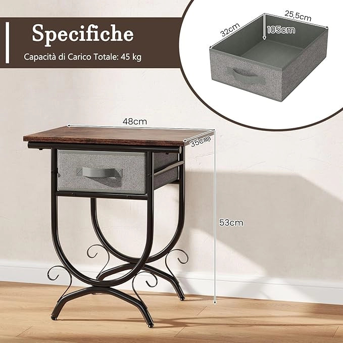Tavolino con Cassetto in Tessuto, Comodino Industriale a 2 Ripiani con Piano in Legno e Struttura Metallica, Tavolino da Caffè per Camera da Letto e Soggiorno